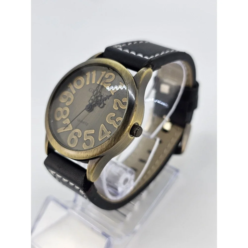 Men Analog Watch 38MM Bronze Dial New Faux Black Leather Bands New Battery READ